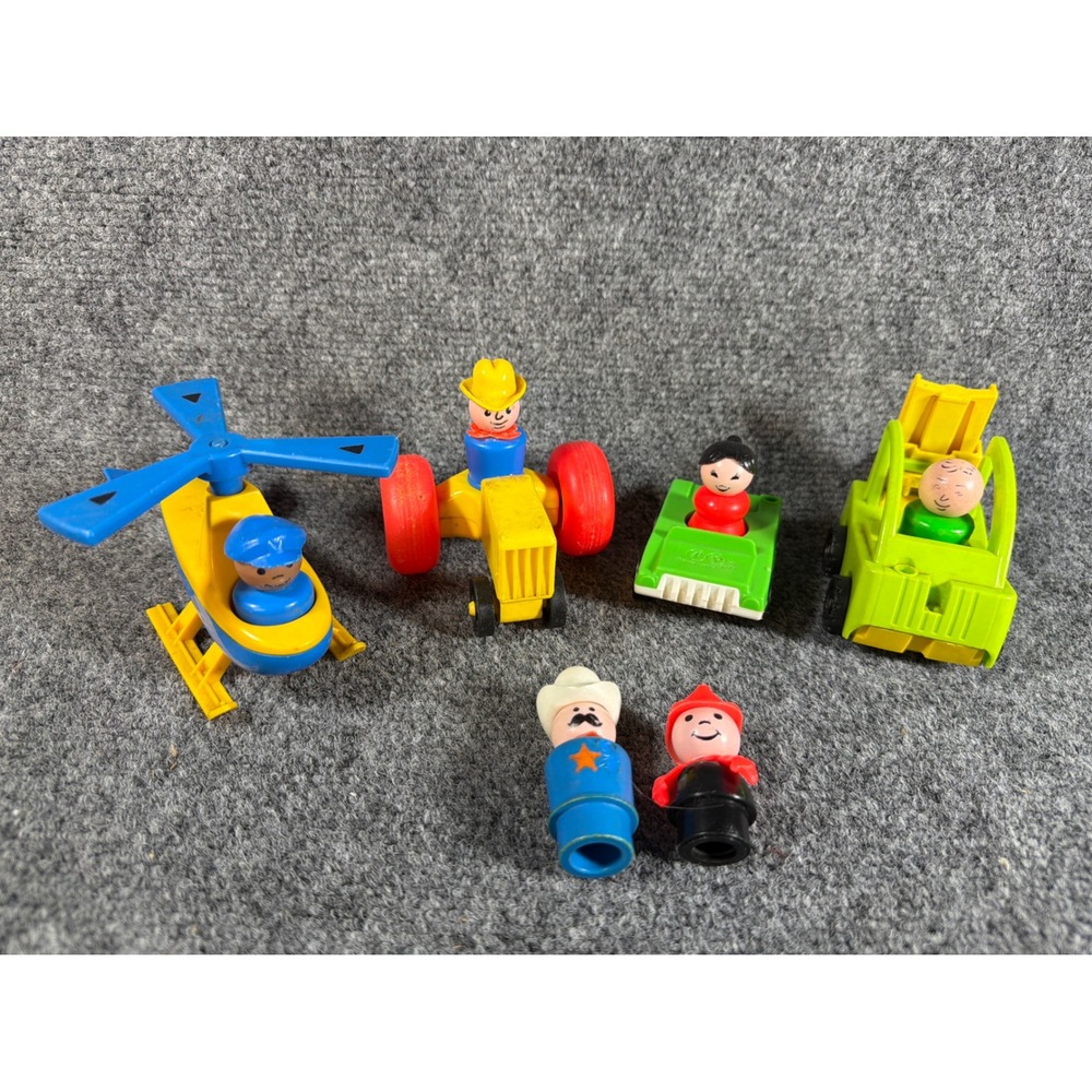 Vintage Fisher Price Little People Vehicle Lot Helicopter Tractor Forklift 6 Fig